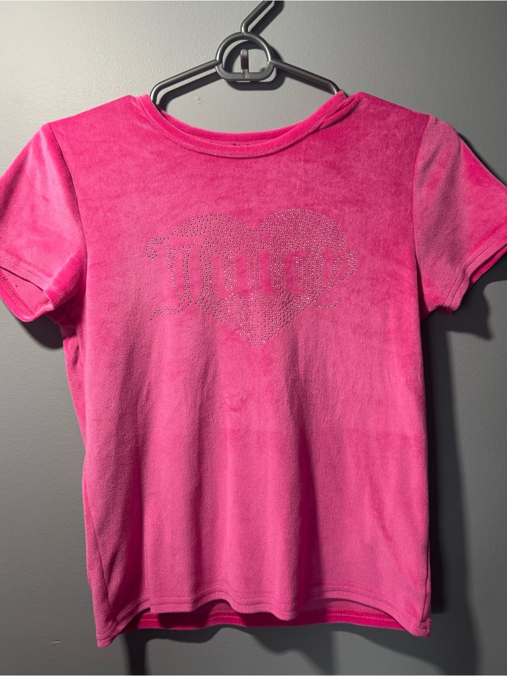 Juicy Couture Hot Pink Velour Short Sleeve Tee with Crystal Heart Logo